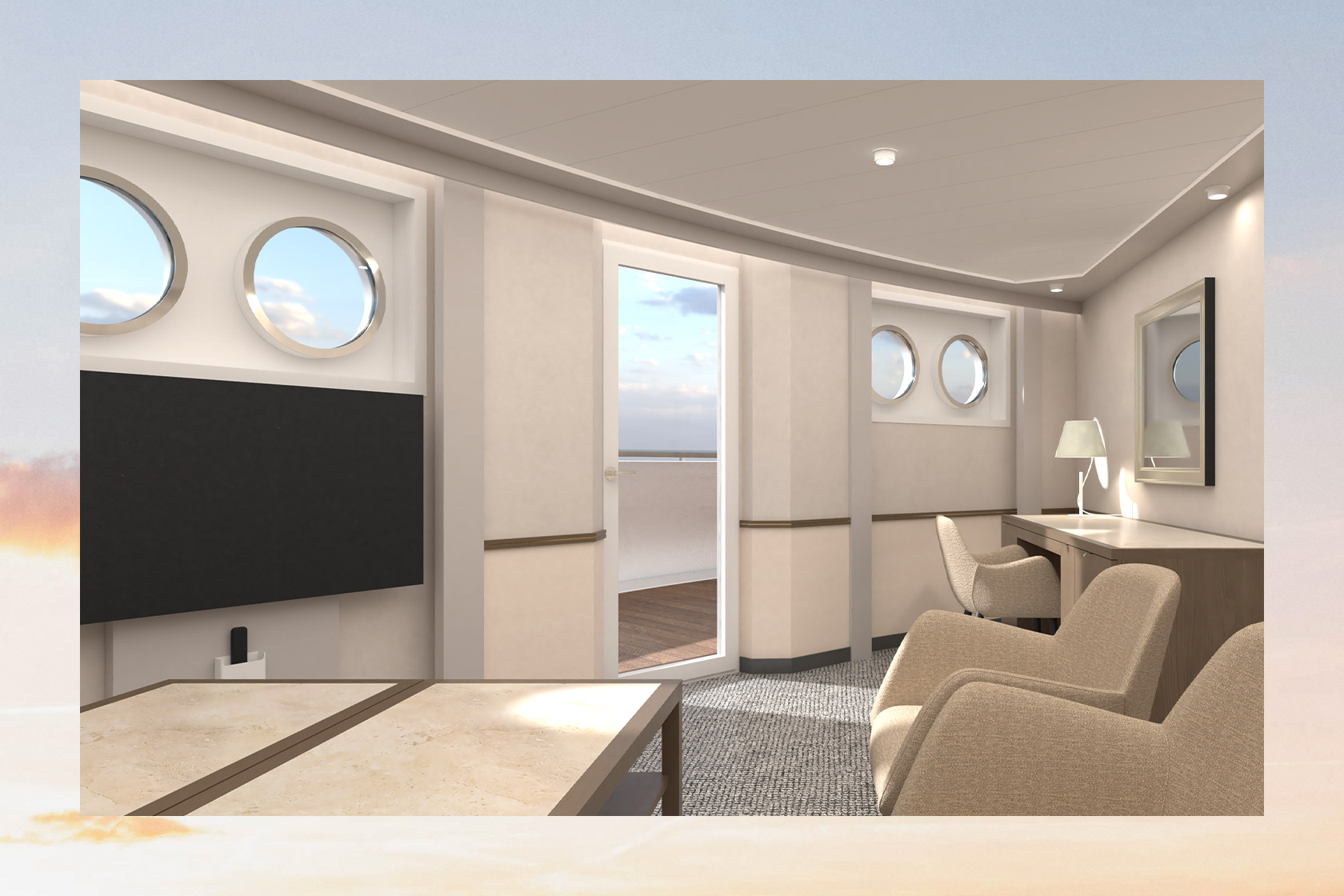 Plantours_Landingpage_Modernisierung 2026, Renderings renovation MS Hamburg, Kabinen, Veranda-Suite, Rahmenbild
