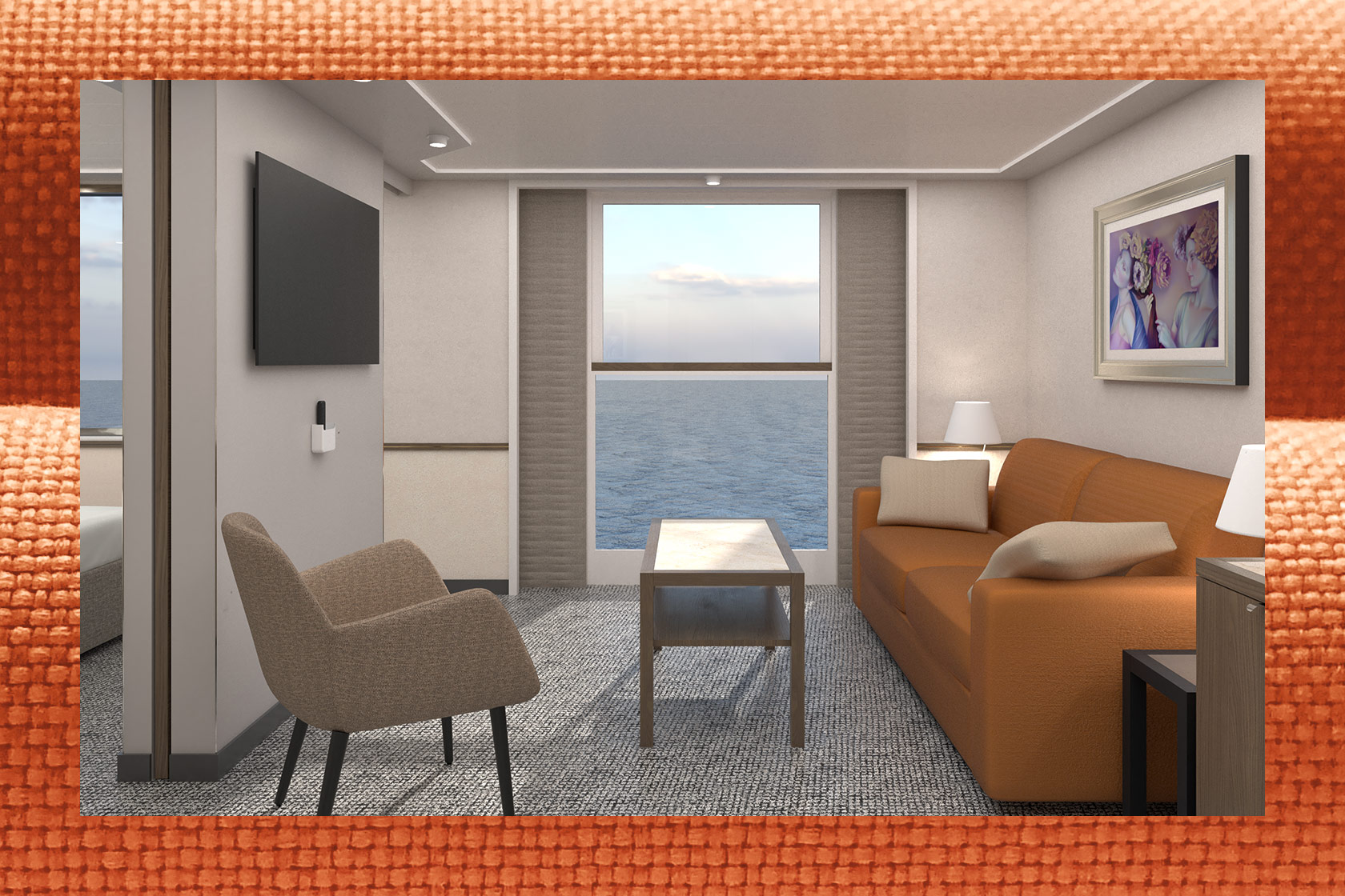 Plantours_Landingpage_Modernisierung 2026, Renderings renovation MS Hamburg, Kabinen, Suite,  Kat. 12 Suite mit Infinity-Fenster, Rahmenbild