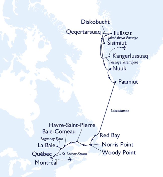 Routenkarte Grönland, Neufundland und der Zauber des St. Lorenz-Stroms