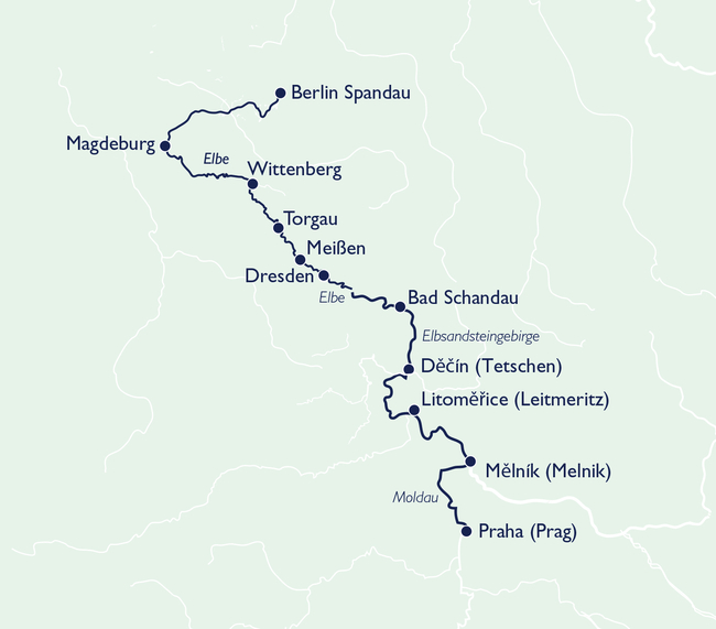 Routenkarte Schlösser und Burgen an Moldau und Elbe