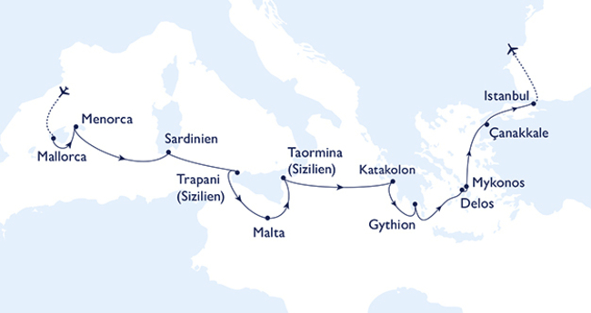 Routenkarte Insel-Hopping im Mittelmeer
