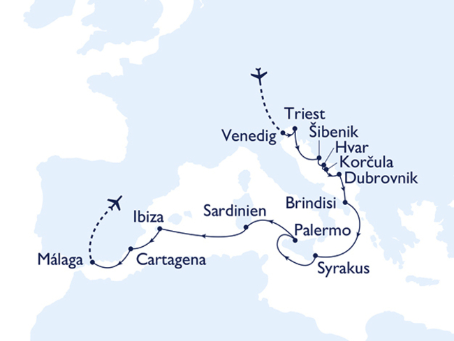 Routenkarte Die Adria und die besten Inseln im Mittelmeer