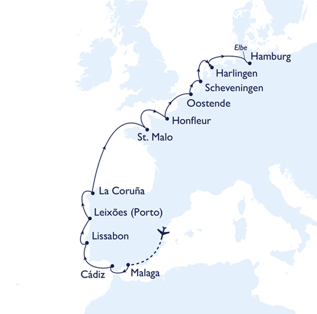 Routenkarte Frühsommer an Westeuropas Küsten