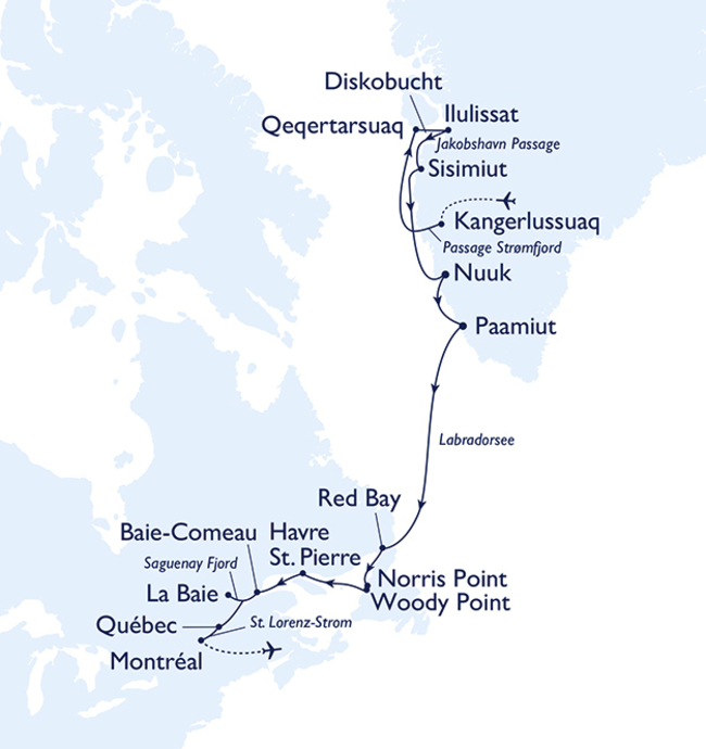 Routenkarte Grönland, Neufundland und der Zauber des St.-Lorenz-Stroms