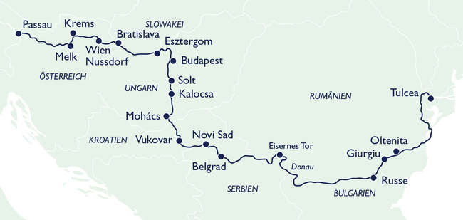Routenkarte Donau bis zum Schwarzen Meer
