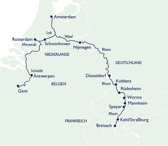 Routenkarte Über faszinierende Flüsse und Benelux-Kanäle
