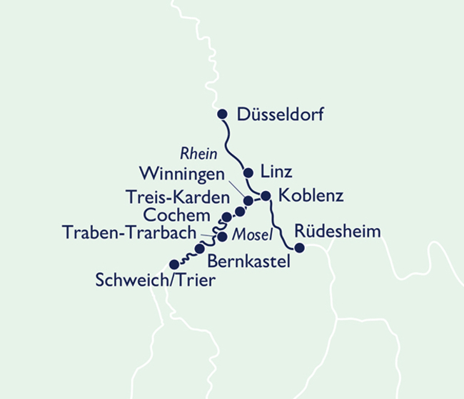 Routenkarte Jubiläumsreise: 35 Jahre Plantours Kreuzfahrten – Moselglück und Rheinzauber
