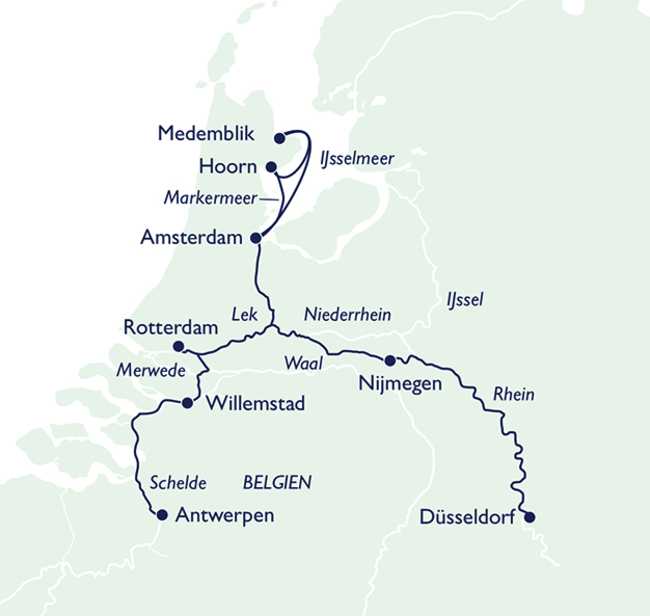 Routenkarte Holland und Flandern und das IJsselmeer