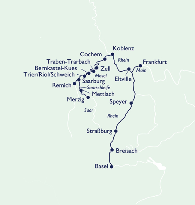 Routenkarte Flusskreuzfahrt inklusive Romantischer Rhein und Mosel