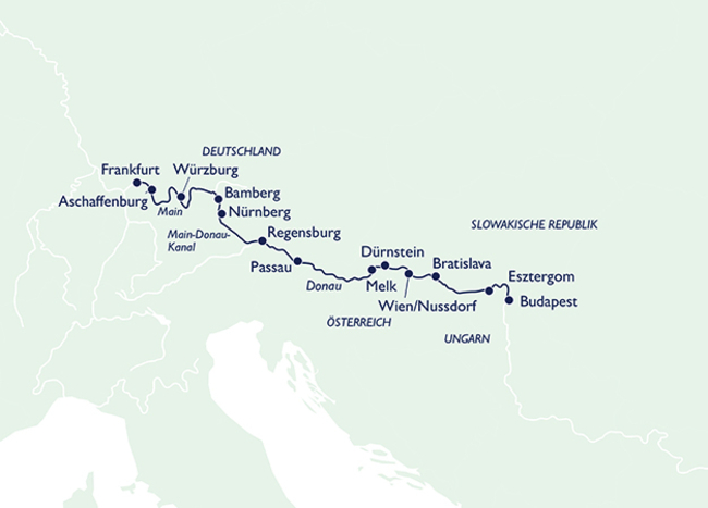 Routenkarte Entlang der Donau und Main-Donau-Kanal