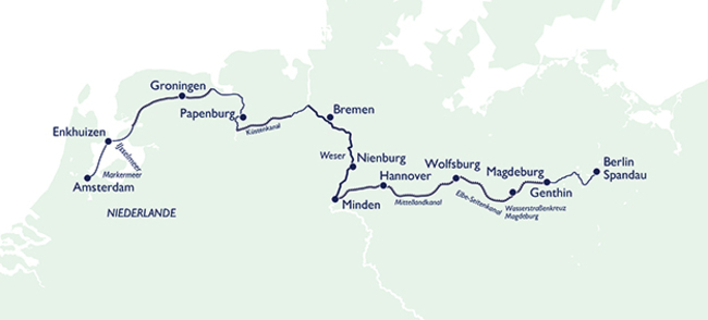 Routenkarte „Mörderische Flussreise“ von Amsterdam nach Berlin