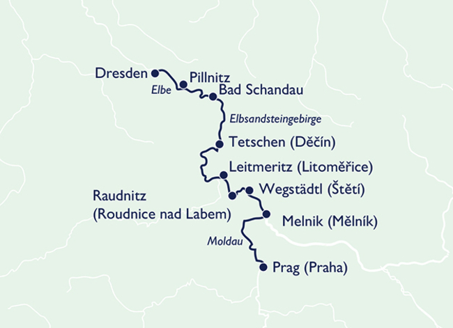 Routenkarte Kulturschätze an Elbe, Moldau und in Prag