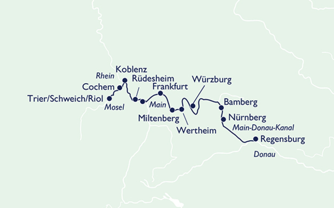 Routenkarte Flüssereigen von Regensburg nach Trier