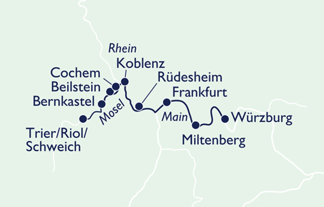 Routenkarte Flüssereigen von Würzburg nach Trier