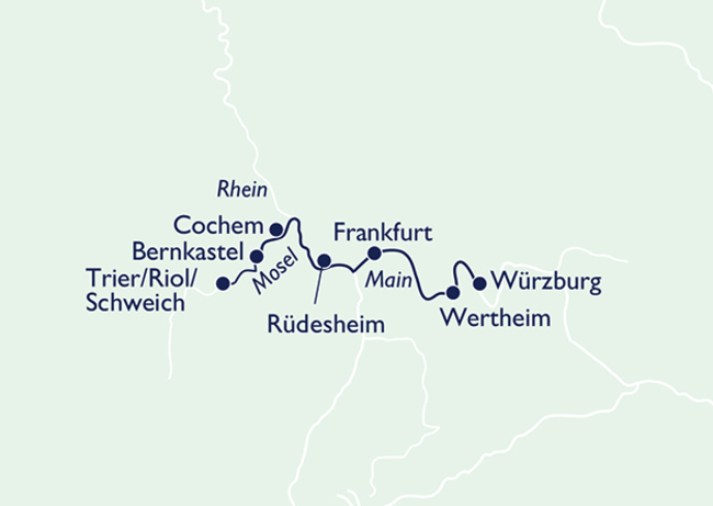 Routenkarte Flüssereigen von Trier nach Würzburg