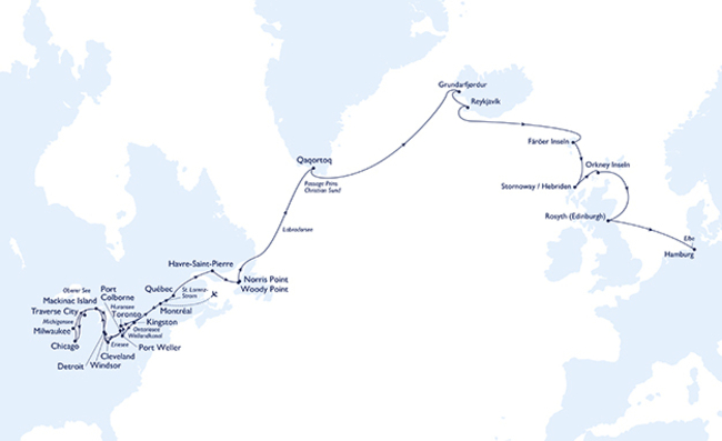 Routenkarte Kombikreuzfahrt Traumreise: Von den Großen Seen über Grönland und Island bis nach Hamburg