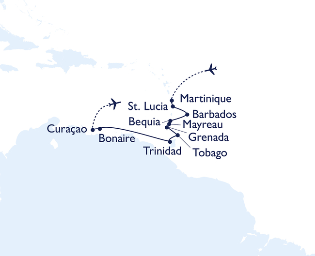 Routenkarte Von Martinique über Barbados bis nach Curaçao