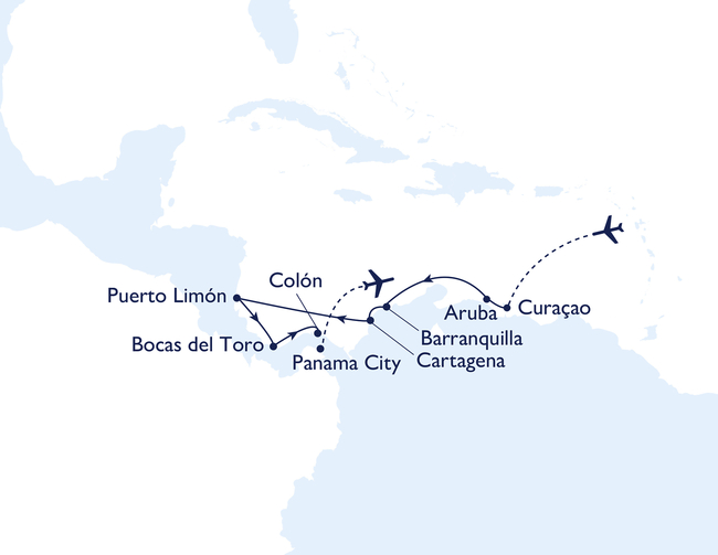 Routenkarte Von den Inseln unter dem Winde nach Lateinamerika