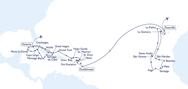 Routenkarte Kombikreuzfahrt Klasse: Kuba – Karibik – Kanaren – Kapverden