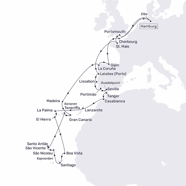 Routenkarte From Hamburg to the Canary Islands & Cape Verde and back to Hamburg