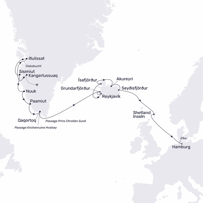 Routenkarte Icebergs, volcanoes and waterfalls