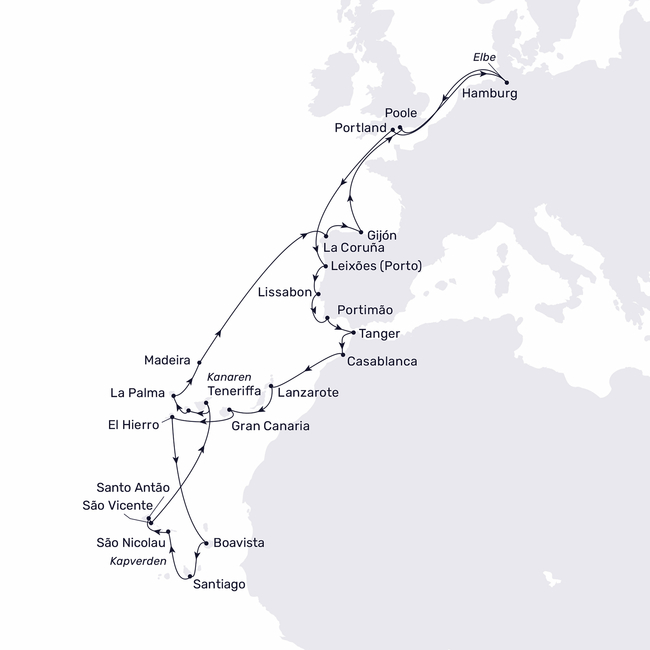 Routenkarte Towards spring to the Canary Islands and Cape Verde
