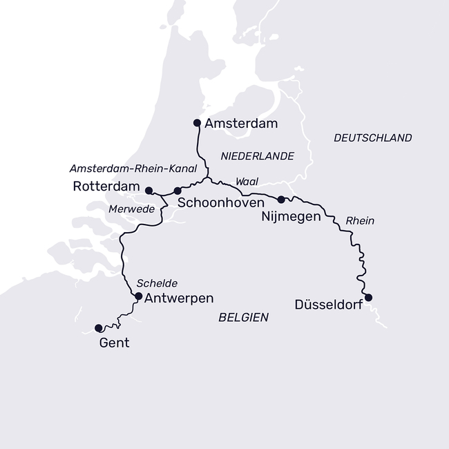 Routenkarte Höhepunkte der Niederlande &  Belgiens mit Gent & Antwerpen