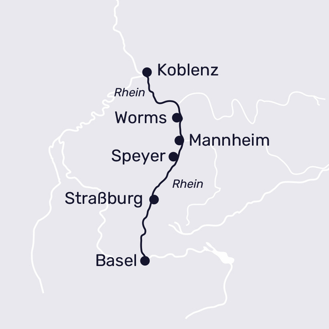 Routenkarte Rhine romance to Basel & Strasbourg