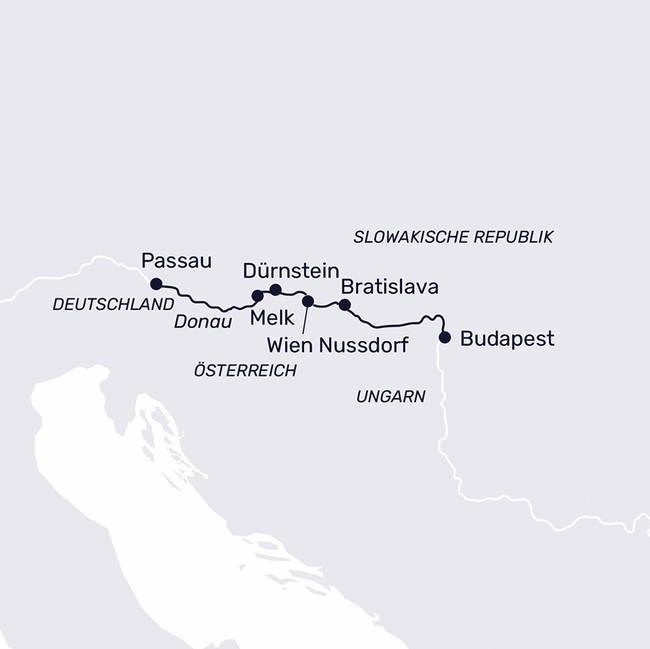 Routenkarte Classic Danube – Time travel on the River of Kings