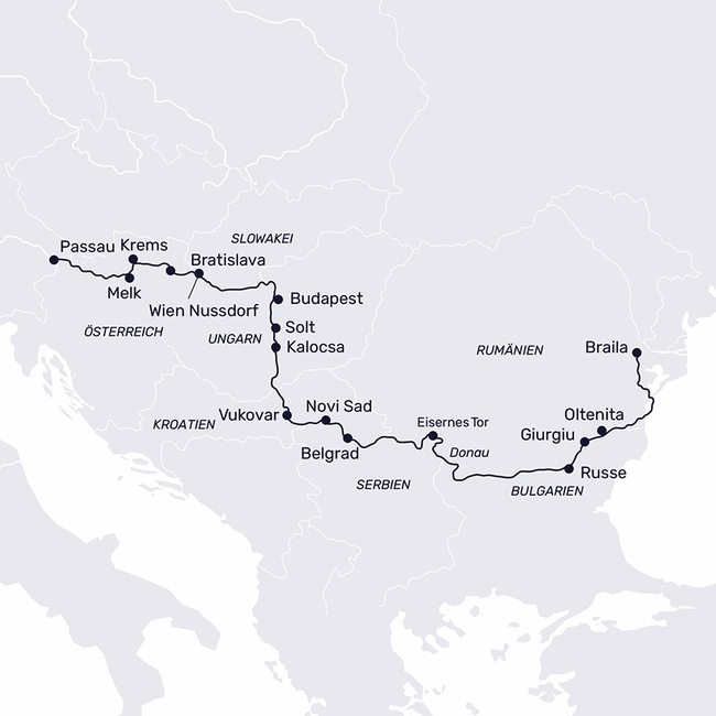Routenkarte Tracking down Danube culture to the Black Sea