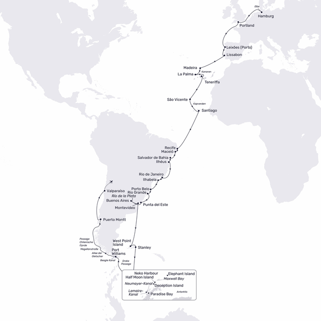 Routenkarte Von Hamburg in die Antarktis und zu den Chilenischen Fjorden