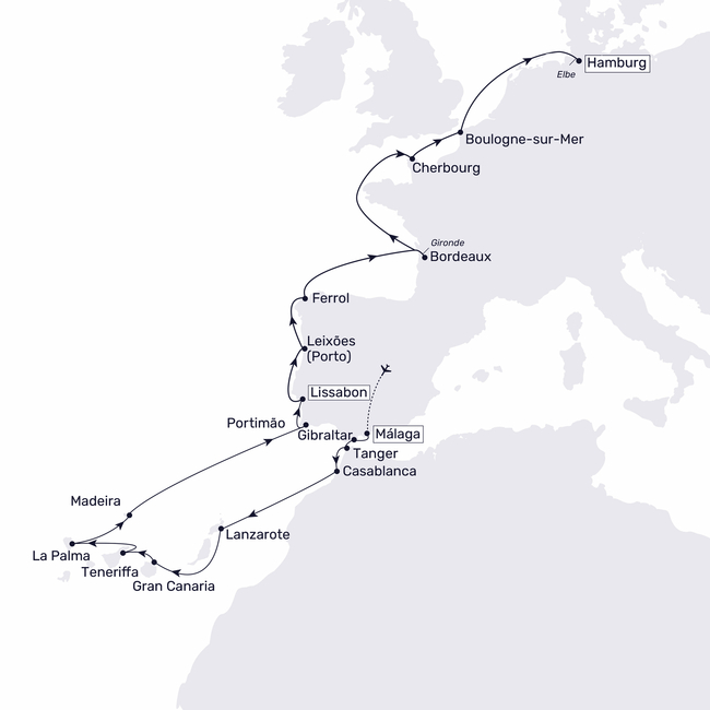 Routenkarte Silvester auf Madeira und Europas	Westküste bis Hamburg