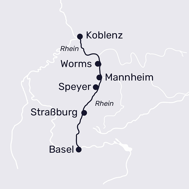 Routenkarte Rheinperlen im Süden mit Basel und Straßburg