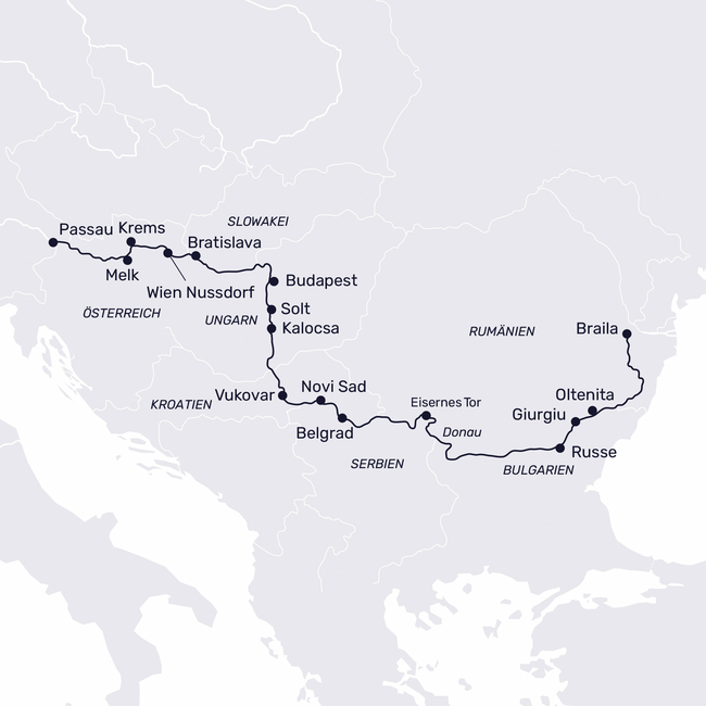 Routenkarte Große Donaukreuzfahrt