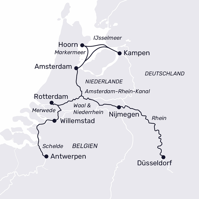 Routenkarte Holland trifft Belgien: Zwischen IJsselmeer und flämischer Kultur