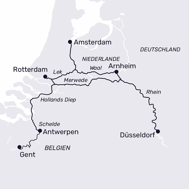 Routenkarte Juwelen in Holland & Belgien