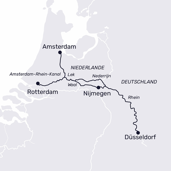 Routenkarte Grachten, Windmühlen & Wasserwege – Kurzreise Niederlande