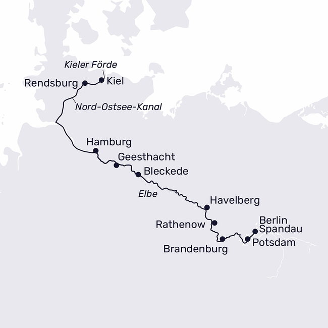 Routenkarte Auf Havel und Elbe von Berlin bis Kiel