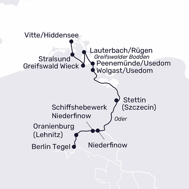 Routenkarte Ostsee und Inselwelten – Hiddensee, Rügen, Usedom und Stettin