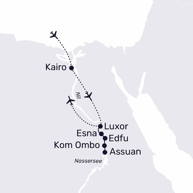 Routenkarte Magischer Aufenthalt in Kairo & unvergessliche Nil-Kreuzfahrt