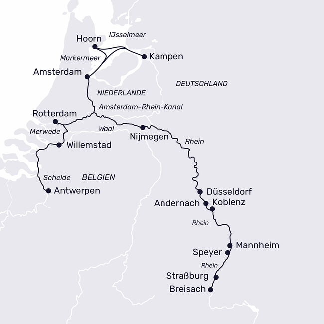 Routenkarte Der ganze Rhein – quer durch Westeuropa