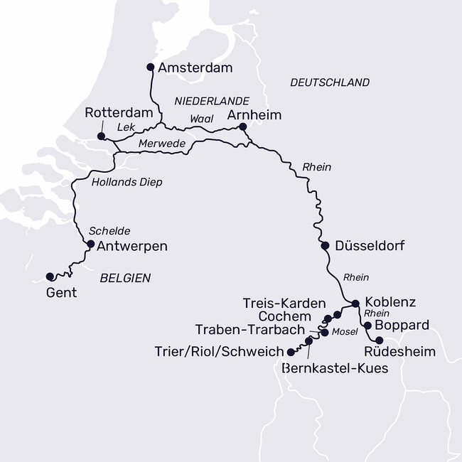 Routenkarte Grachten und Weinberge – Benelux und die Mosel 