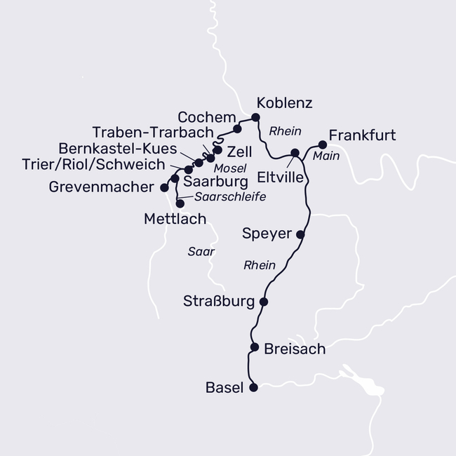 Routenkarte Vier Länder auf Mosel, Saar und Rhein
