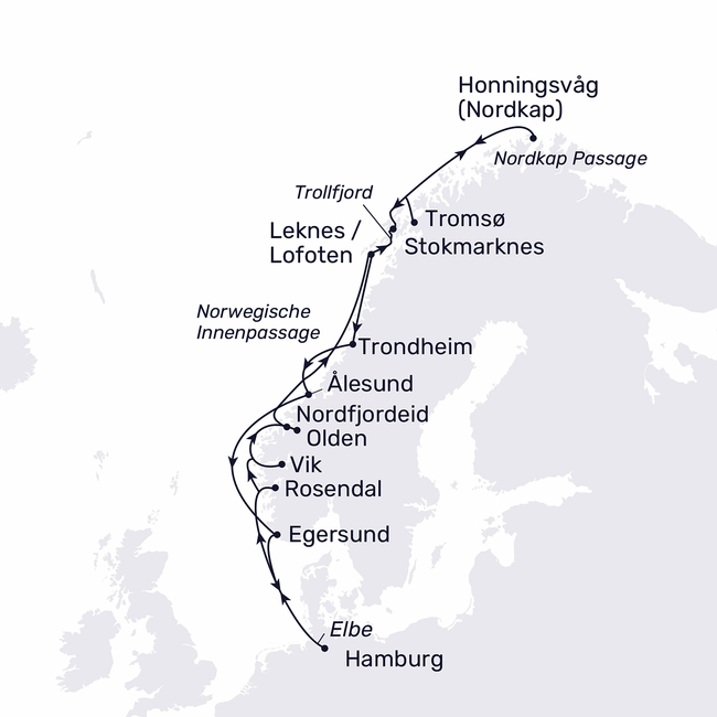 Routenkarte In the Light of Midsummer to the North Cape