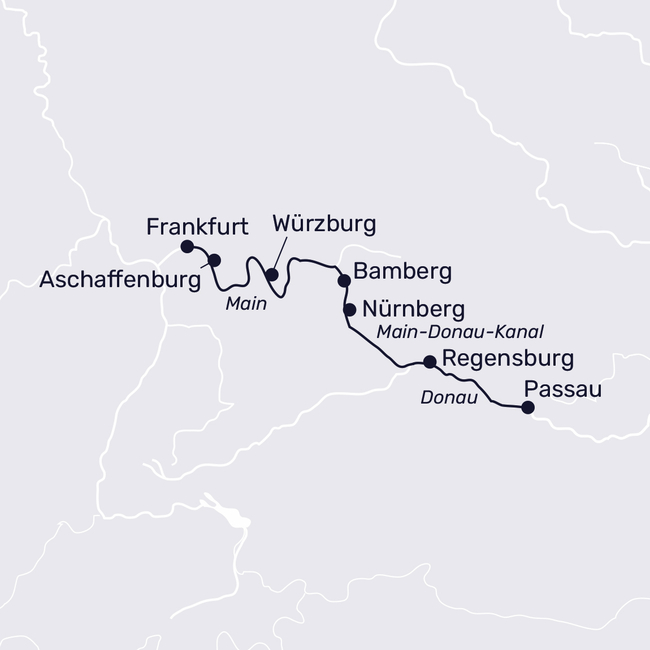 Routenkarte Historical highlights along the Danube & Main