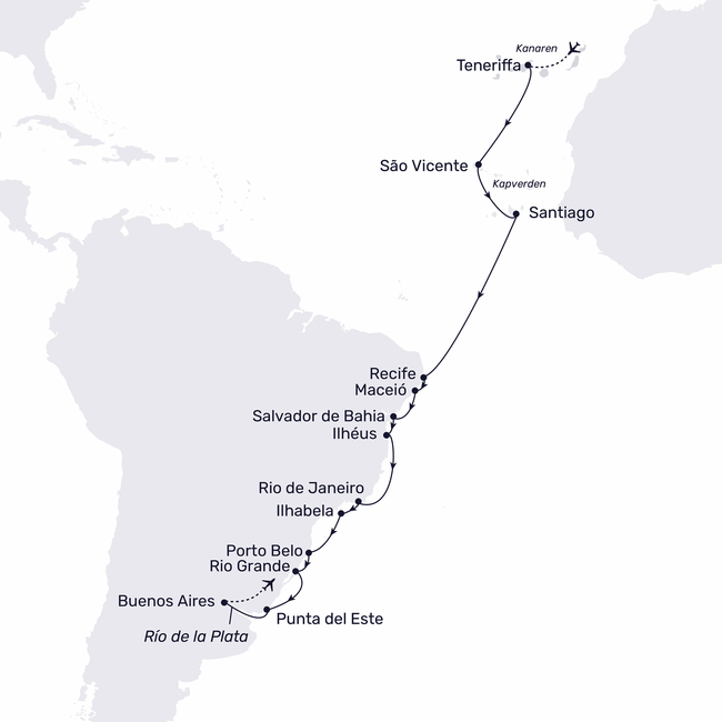 Routenkarte Set sail for South America and New Year’s Eve in Rio