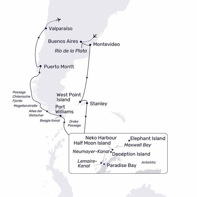 Routenkarte Antarctica and Chilean fjords expedition
