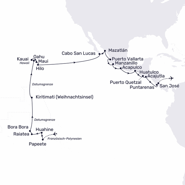 Routenkarte The vastness of the South Seas, island dreams and the warmth of Central America