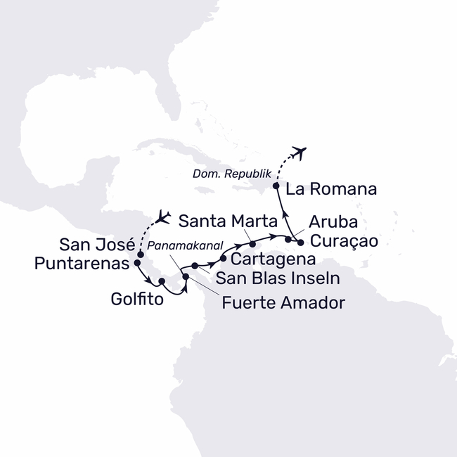 Routenkarte Costa Rica, the Panama Canal and the ABC Islands