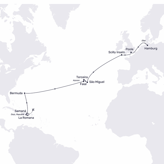 Routenkarte Off to Hamburg: the Caribbean, Bermuda, the Azores